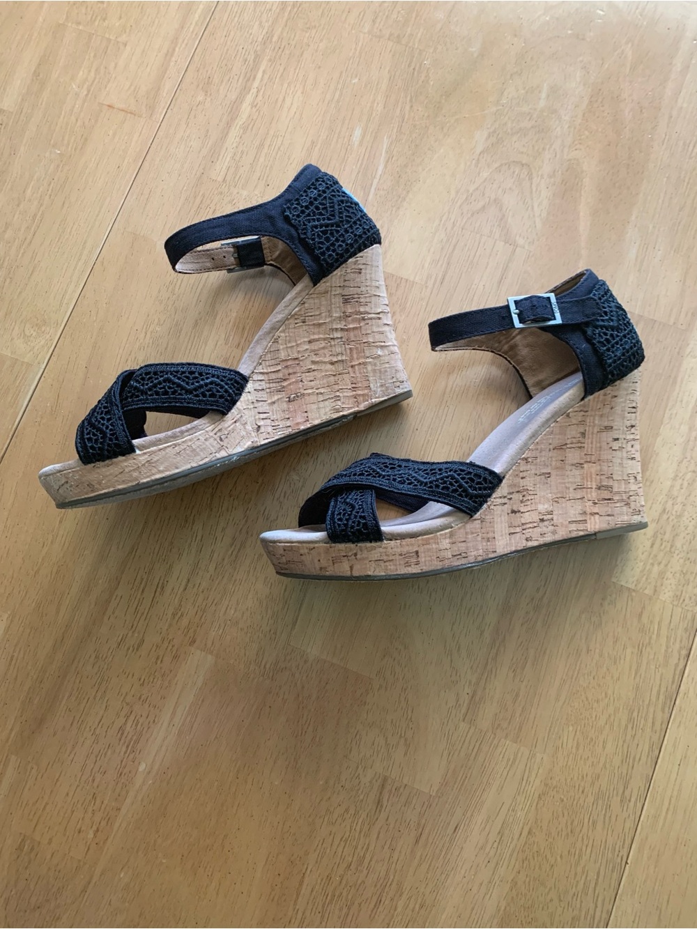 TOMS Black Cork Wedge Sandals, Size 9